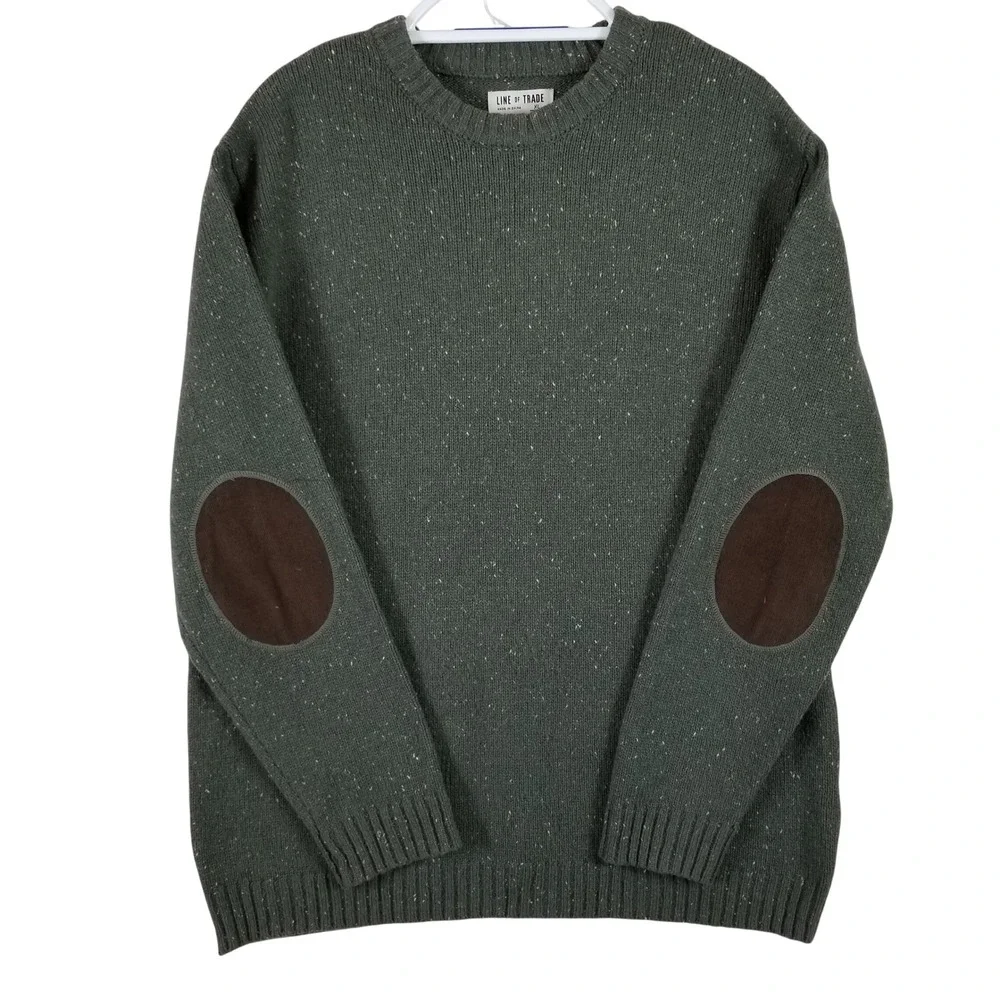 Line‎ of Trade Mens XL Green Donegal Fleck Wool Blend Sweater Elbow Patches